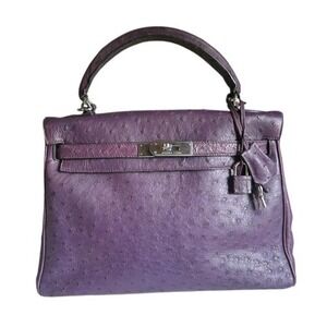 Hermès Kelly 32cm Purple Ostrich Handbag with Palladium Hardware Rare